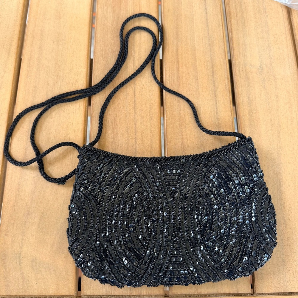 The Sak Black Beaded Sequin Evening Bag Small Crossbody Art Deco Glam Formal